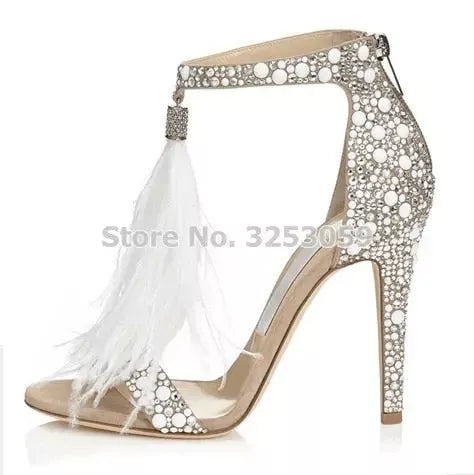 Bling Bling Silver Crystal Embellished Dress Sandals White Feather Fringe Wedding High Heel Shoes Shining Rhinestone Sandal Godiva Oya Bey