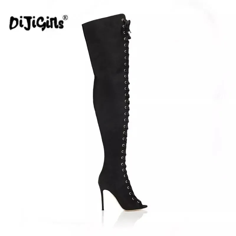 DIJIGIRLS Women High Heels Over the Knee Boots Fashion shoes ladies thigh high Boots black women pumps peep toe long boots Godiva Oya Bey