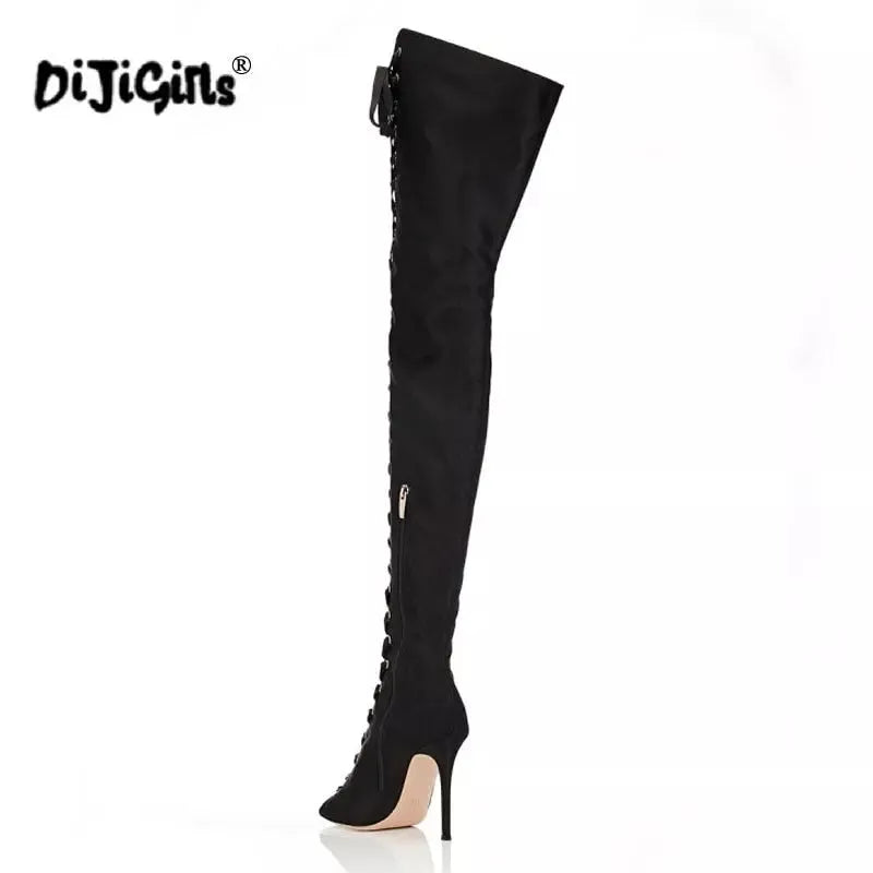 DIJIGIRLS Women High Heels Over the Knee Boots Fashion shoes ladies thigh high Boots black women pumps peep toe long boots Godiva Oya Bey