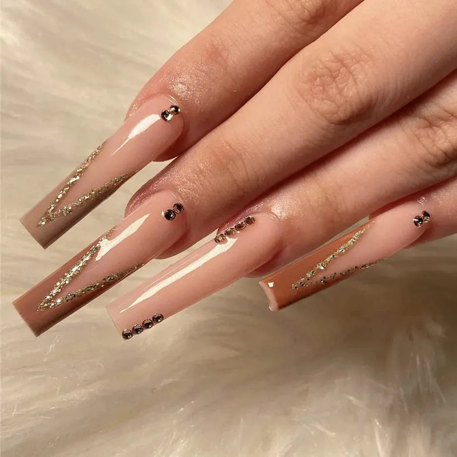 Dark Blue Coffin False Nails With Small Rhinestone Fake Nails Press On Nails Full Cover Nail Tips Wearable Nail Stickers Art