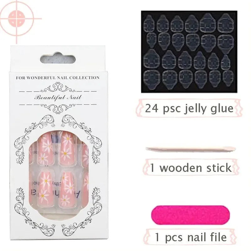 24Pcs/Box Pink French False Nails With jelly Glue rhinestone Fake Nail Tips Detachable Acrylic Coffin Bow Press On Nails