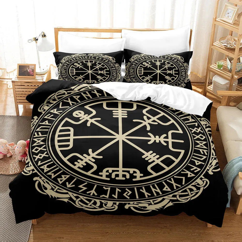 Vegvisir Runes Duvet Cover Set, Viking Symbols Bedding Set Celtic Quilt Cover Microfiber Scandinavian Runes Comforter Cover King