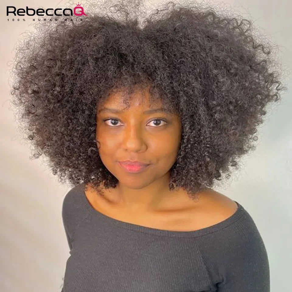 Afro Kinky Curly Human Hair Wigs with Bangs Wear to go Glueless Wig 250 Density Remy Brazilian Short Curly Bangs Wig Human Hair