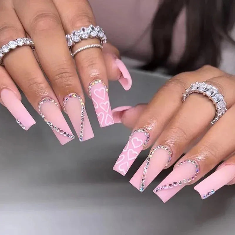 24Pcs/Box Pink French False Nails With jelly Glue rhinestone Fake Nail Tips Detachable Acrylic Coffin Bow Press On Nails