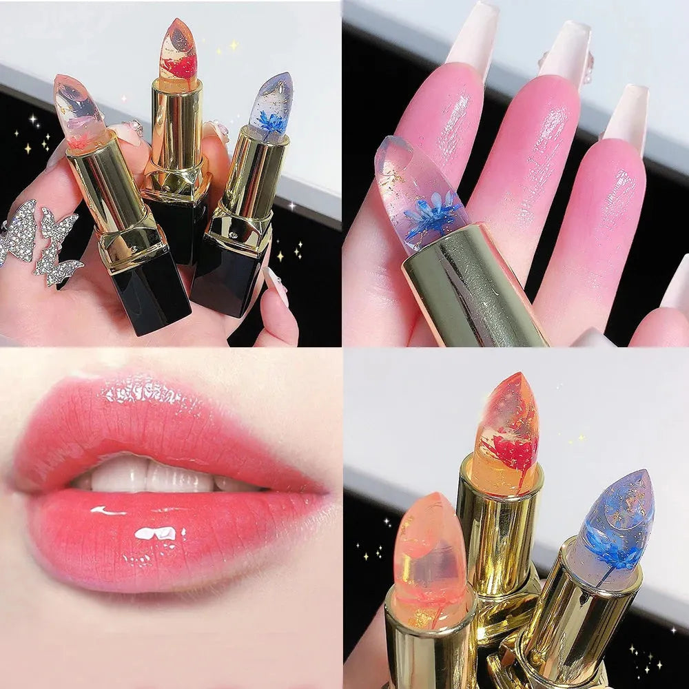 Color Changing Long Lasting Lipstick Gold Foil Flower Lip Primer Jelly Lip Balm Moisturizing Natural Waterproof Makeup Lipgloss