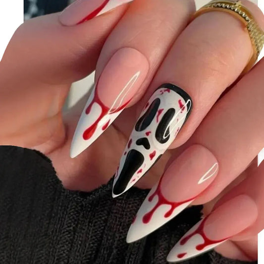 24Pcs Halloween False Nails Black Pink Ghost Long Ballet Fake Nails with Heart Blood Design Press on Nails Full Cover Nail Tips