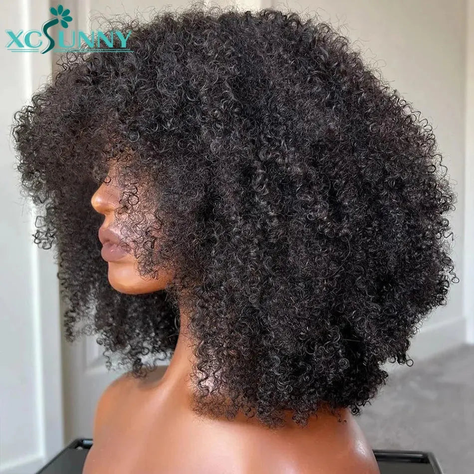 Afro Kinky Curly Wig With Bangs Full Machine Made Scalp Top Wig 200 Density Brazilian Short Curly Bang Wig Human Hair Xcsunny